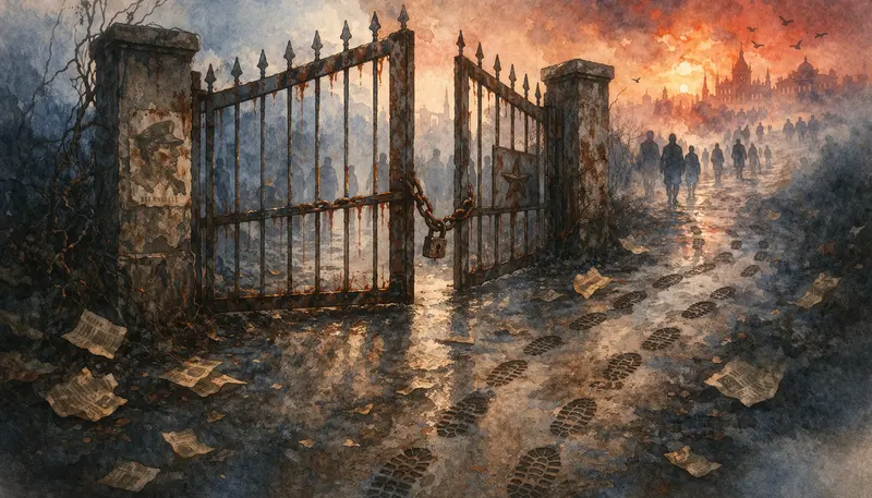 ilustrace rezavé brány, která se v mlze znovu zavírá, se stopami na cestě. Symbolizuje nebezpečí návratu k totalitě.