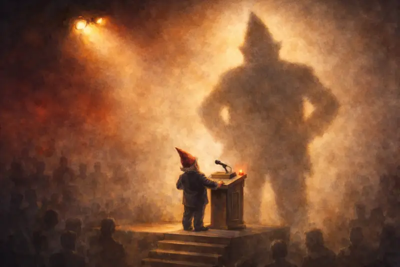 Ilustrace k úvaze „Rudé šero v české politice“: trpaslík u řečnického pultu vrhá na zeď obří stín, který působí jako gigant.