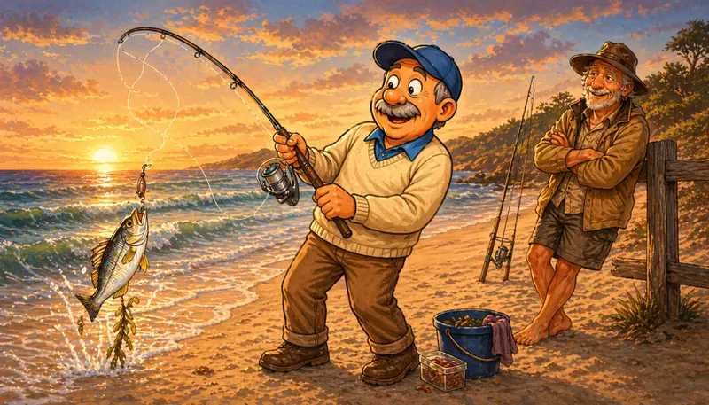 Na australské pláži při rybaření v ranním světle. Ilustrace k fejetonu Rybářem proti své vůli aneb jak jsem propadl rybaření
