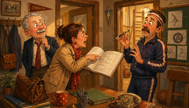 Ilustrace školní historky: matka ve sborovně ukazuje do žákovské knížky a řeší trapné nedorozumění.