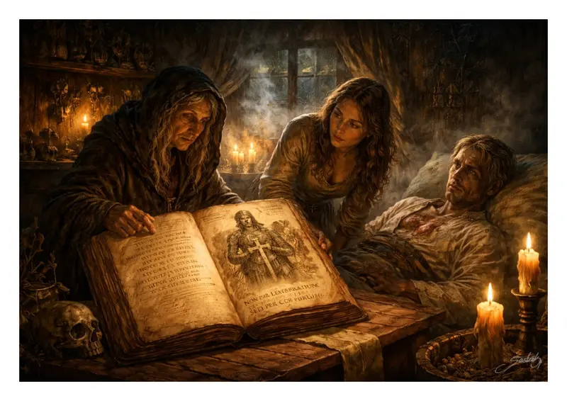 Ilustrace k příběhu Stín Švéda pod Bouzovem od Miroslava Šestáka: v šeru svíček postava u velké knihy s rytířem, vedle žena a raněný muž na lůžku.