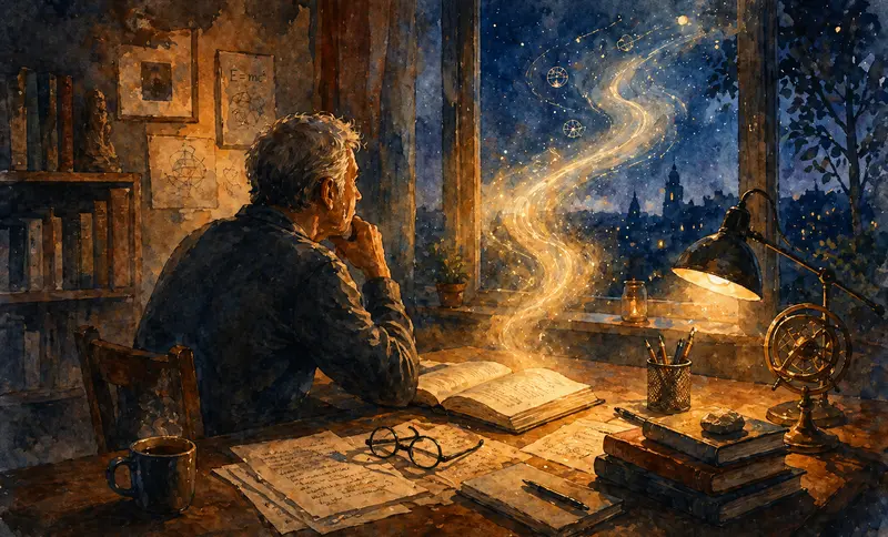 Večerní pracovní pokoj s postavou u stolu a jemným světelným proudem jako metaforou víry a spirituality.