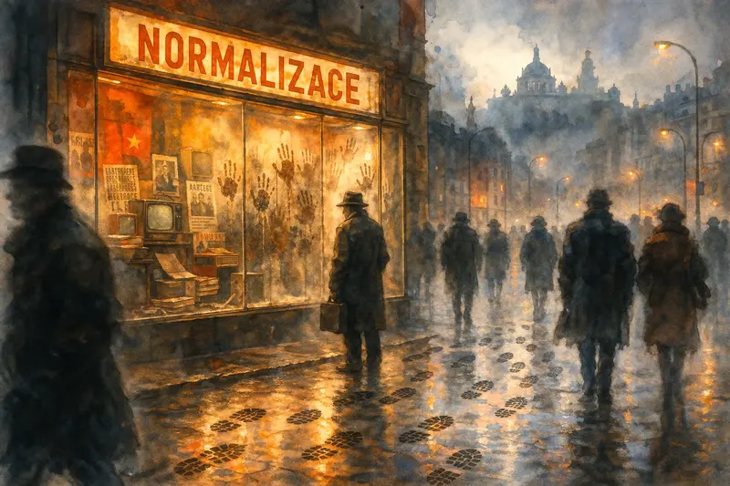 Ulice s výlohou a nápisem NORMALIZACE, symbolizující návrat normalizace a atmosféru strachu.