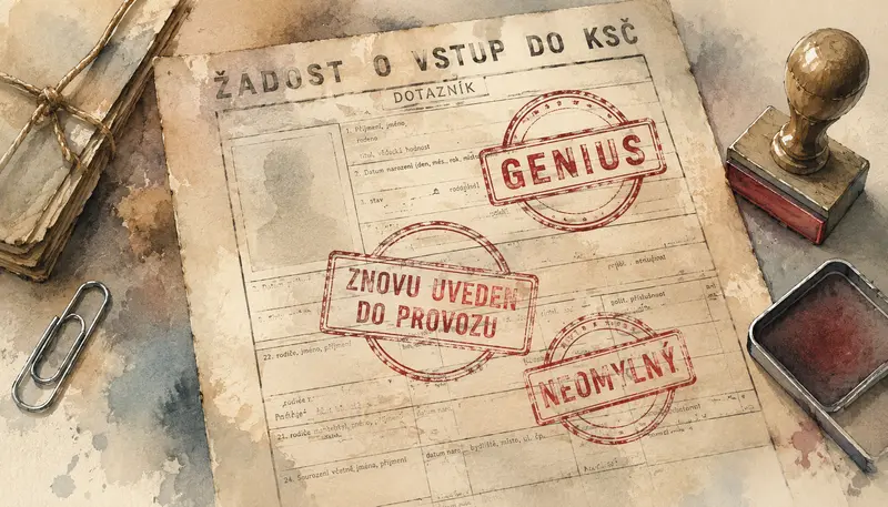 Stylizovaný archivní dokument s otisky razítek, který metaforicky odkazuje na návrat Václava Klause do veřejné debaty a rozdělování společnosti.