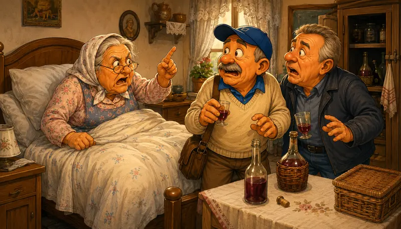 Ilustrace k fejetonu o babičce, která se náhle posadí v posteli a hubuje dva překvapené vnuky. Obrázek vystihuje humor a rodinné vzpomínky textu Babiččino zmrtvýchvstání.