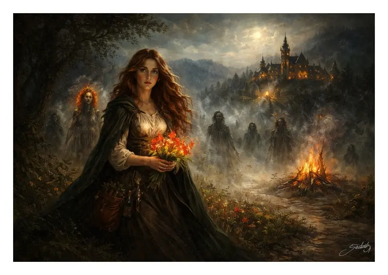 Ilustrace k příběhu „Pověst o Beatě z Potučníku“ s motivem tajemné dívky a kláštera. Odkazuje na klášter Potůčník a zvon z Potůčníku.