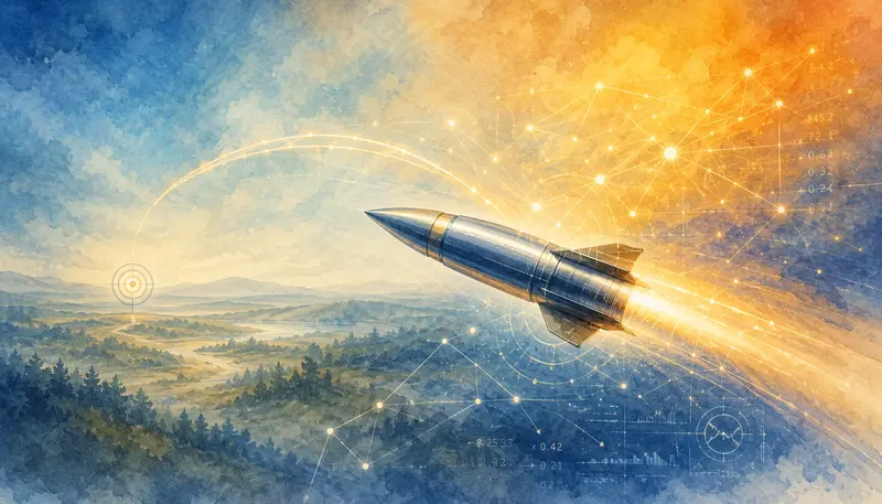 Ilustrace chytré střely s korigovanou trajektorií letu a náznakem datové navigace v pozadí.