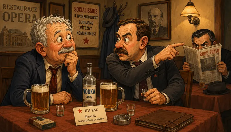 Karikaturní ilustrace z hospody: muž s vizitkou ÚV KSČ gestikuluje směrem k hostu s novinami, u stolu stojí pivo a vodka. Scéna evokuje normalizaci a protekci.