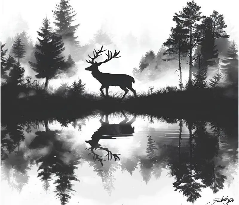 Silueta jelena v mlžném lese, symbolická ilustrace k myslivecké legendě o svatém Hubertovi.