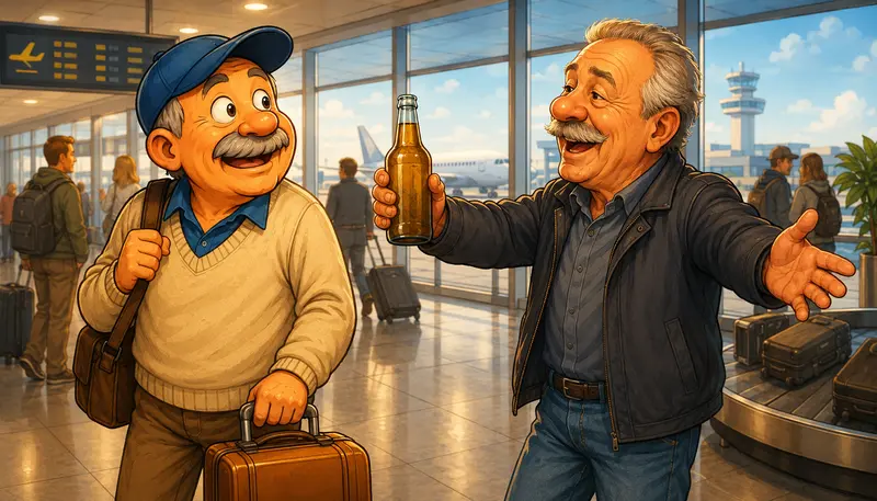 Karikatura autora při příletu na Ruzyni, kde ho kamarád vítá klasickou lahví piva; fejeton o návštěvě Česka.
