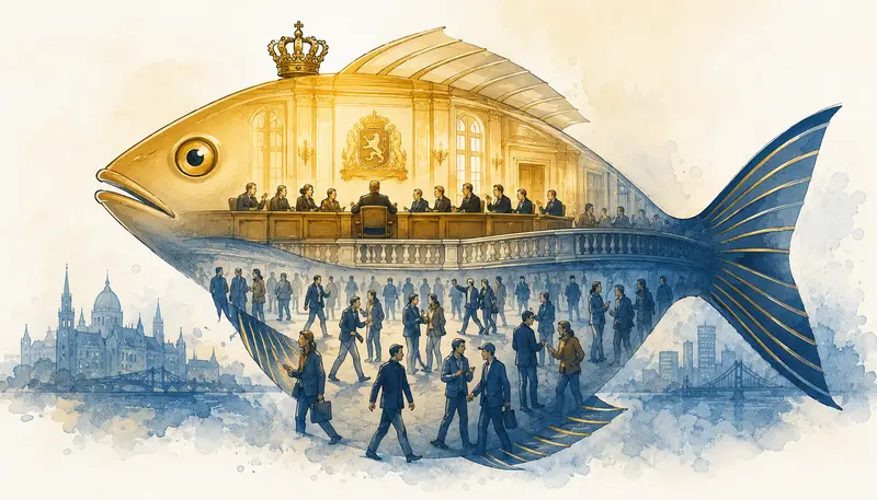 Ilustrace rybí siluety, v níž je nahoře v teplém zlatém světle zobrazen prostor moci a dole běžná společnost v modrých tónech. Metafora článku o úpadku slušnosti.