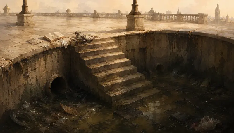 Metaforická ilustrace schodů vedoucích do špinavé žumpy pod městskou terasou. Symbolizuje devastaci hodnot a morální úpadek společnosti.