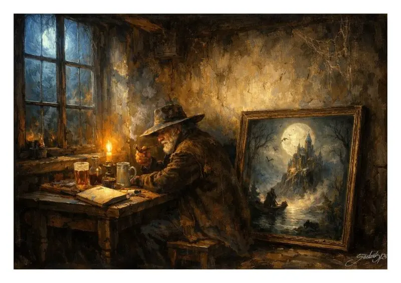 Starý malíř sedí u stolu při svíčce v temné místnosti, vedle něj je obraz hradu v měsíčním svitu. Ilustrace k povídce Vzpomínky starého muže. Autor ilustrace: Miroslav Šesták