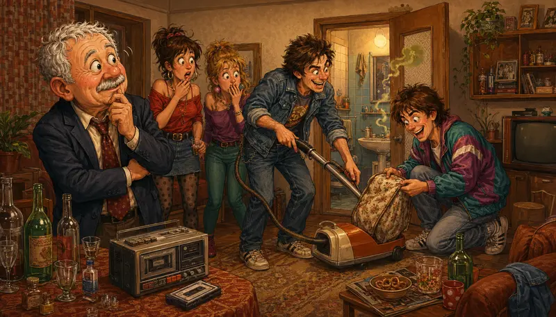 Fejetonová ilustrace zachycuje groteskní moment ze studentského mejdanu a retro vzpomínek v panelákovém bytě.