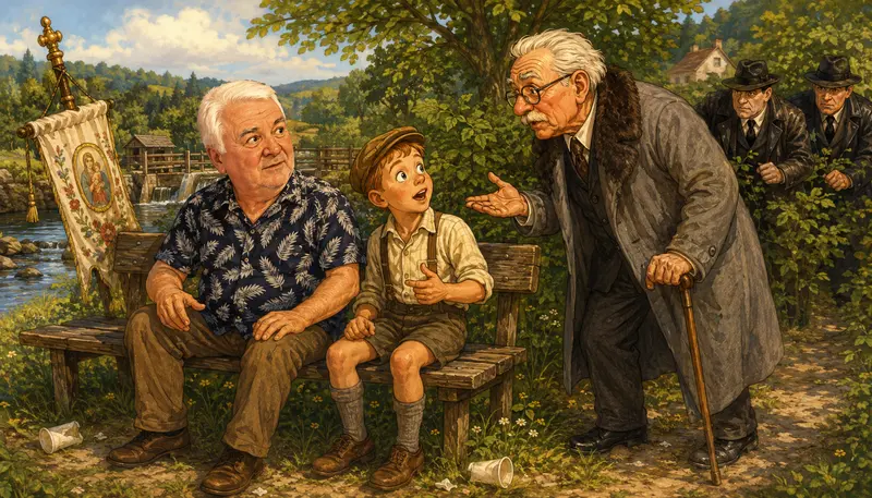 Karikaturní ilustrace u Viktorčina splavu: autor sedí na lavičce a oslovuje ho soudruh ministr, zatímco v pozadí přicházejí muži v kabátech. Scéna odkazuje na rok 1955 a stalinismus.