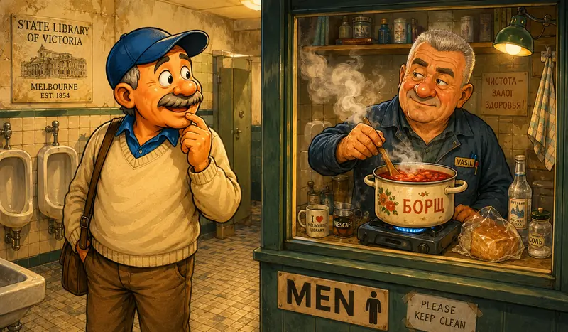 Karikaturní ilustrace na záchodě ve Státní knihovně v Melbourne: muž nakukuje do zaskleného kumbálu, kde Vasil vaří boršč na přenosném vařiči. Scéna odkazuje i na Vlasovce a nečekané přátelství.
