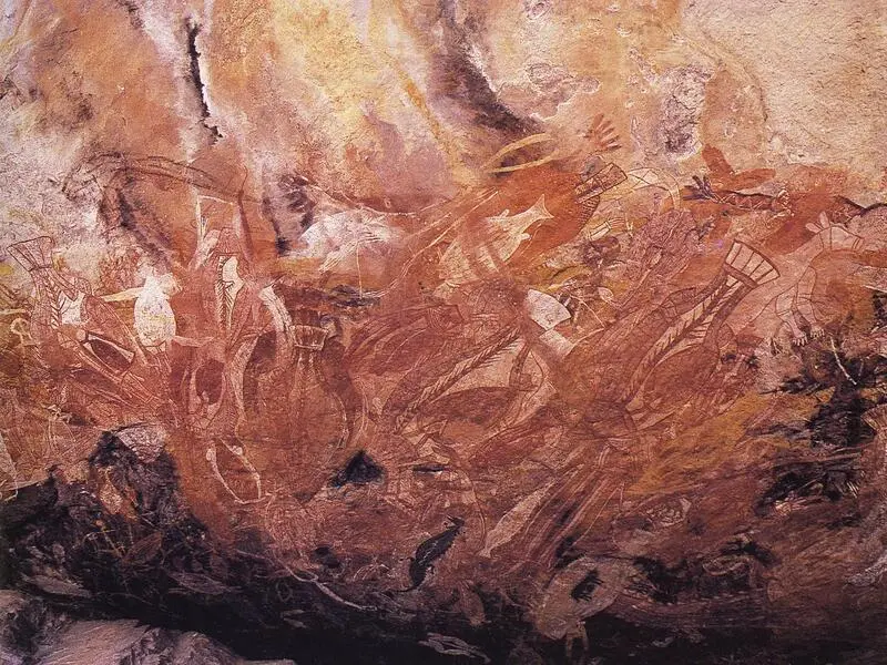Prehistorická skalní malba z Austrálie zachycující motivy původního obyvatelstva a dávné duchovní tradice. Ilustrace doprovází článek o prehistorické Austrálii, skalním umění a nejstarší kontinuální historii domorodých kultur.
