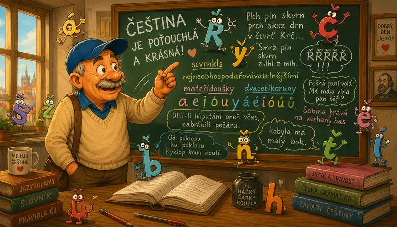 Karikatura autora v učebně češtiny před tabulí plnou háčků, čárek, jazykolamů a hravých českých slov. Ilustrace k fejetonu o tom, jak krásná a poťouchlá je čeština.