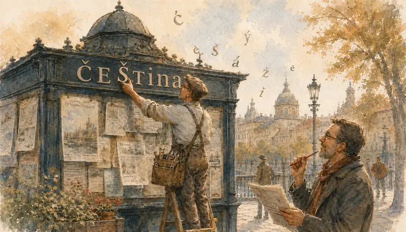 ilustrace jazykového údržbáře, který ve veřejném prostoru vrací háčky a čárky na správná místa. Obraz symbolizuje péči o český jazyk a jazykovou kulturu.