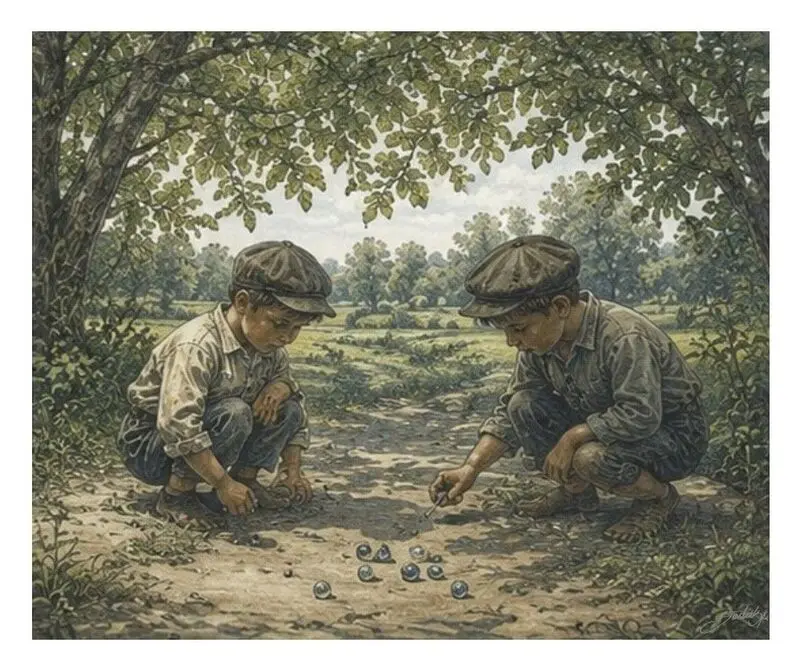Ilustrace dvou chlapců hrajících kuličky v jarní krajině. Doprovází povídku Miroslava Šestáka Konečně jaro o probouzející se Blanici, vodníkovi Velenovi a kapru Matějovi.