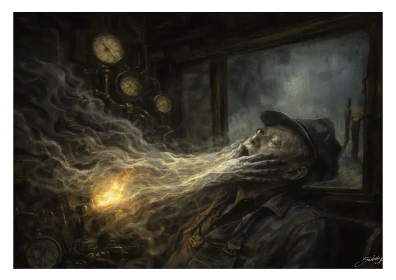 Temná ilustrace muže v kabině lokomotivy, z něhož vystupuje mlžná energie směrem ke kotli. Obraz doprovází mysteriózní příběh o lokomotivě, která sbírá duše.