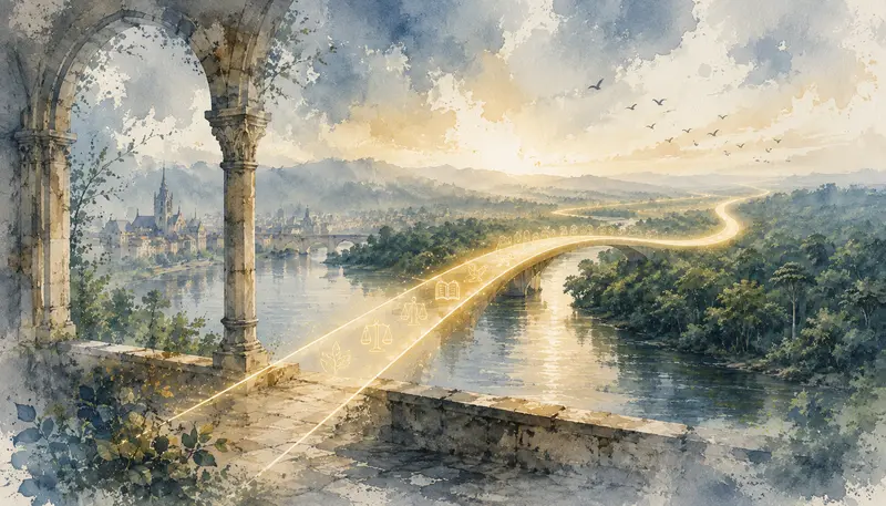 ilustrace mostu svědomí propojující krajinu, víru a odpovědnost. Obraz odkazuje na lidská práva a demokracii v souvislosti s Cenou Nadace Herberta Haaga.