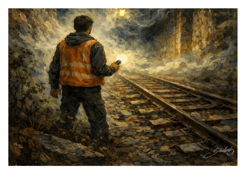 Muž s baterkou stojí na kolejích v mlhavém tunelu u Malé Moravy. Ilustrace k povídce Přízrak z tunelu.