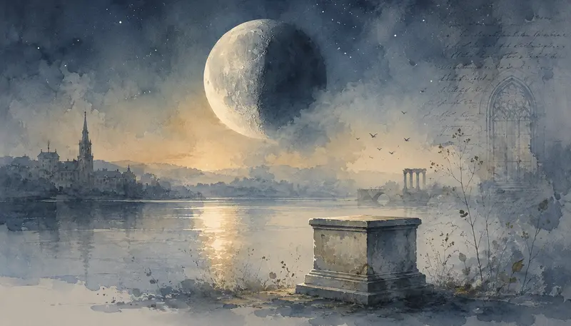 Ilustrace noční krajiny s měsícem, vodní hladinou a prázdným kamenným podstavcem. Symbolicky doprovází úvahu o paměti, pomnících a temné straně člověka.