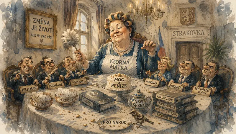 Satirická akvarelová ilustrace vzorné matky ve Strakovce, která s úsměvem dohlíží na politické figurky u přetékajícího stolu. Obraz metaforicky doprovází komentář ANO, nebude líp o vládní politice, moci a veřejné odpovědnosti.