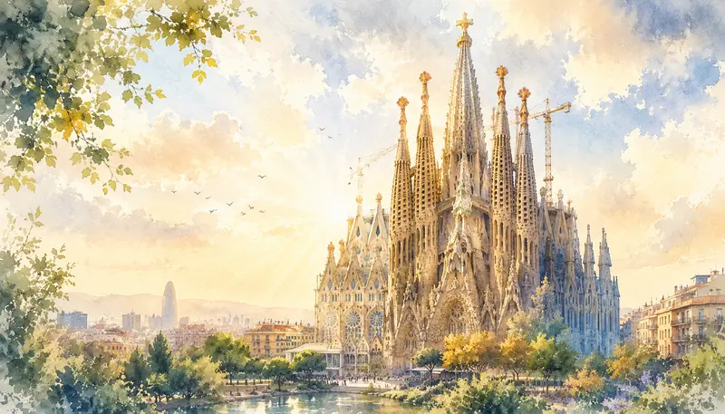 Chrám Sagrada Família v Barceloně v jemném akvarelovém digital art stylu jako symbol odkazu architekta Antonia Gaudího.