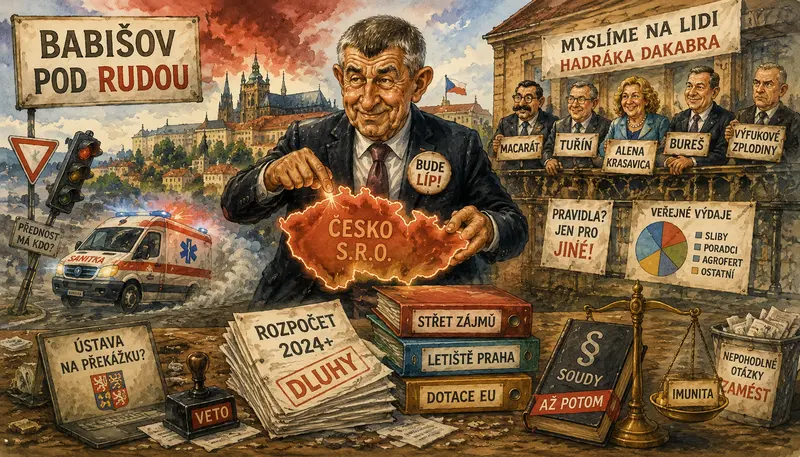 Satirická ilustrace k článku Babišov pod Rudou zachycuje Andreje Babiše nad mapou Česka, obklopeného symboly rozpočtu, střetu zájmů, dotací a politické moci.