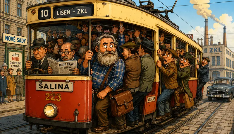 Kariaktura autora článku v přeplněné historické brněnské šalině. Ilustrace k fejetonu o cestování brněnskými šalinami v 50. letech.