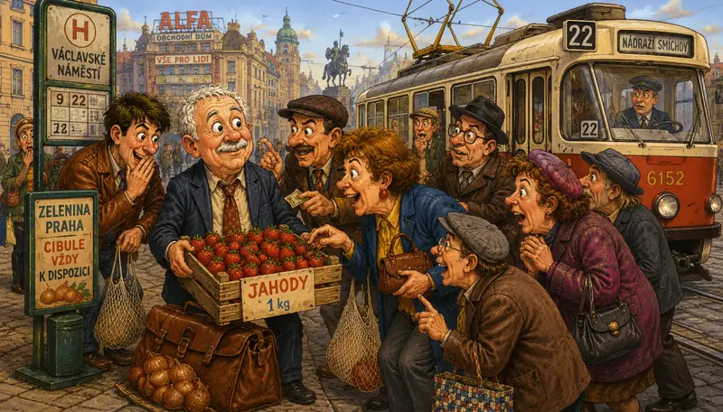 Karikatura autora na tramvajové zastávce s přepravkou jahod, kolem níž se shromažďují lidé jako připomínka nedostatkového zboží v období reálného socialismu.