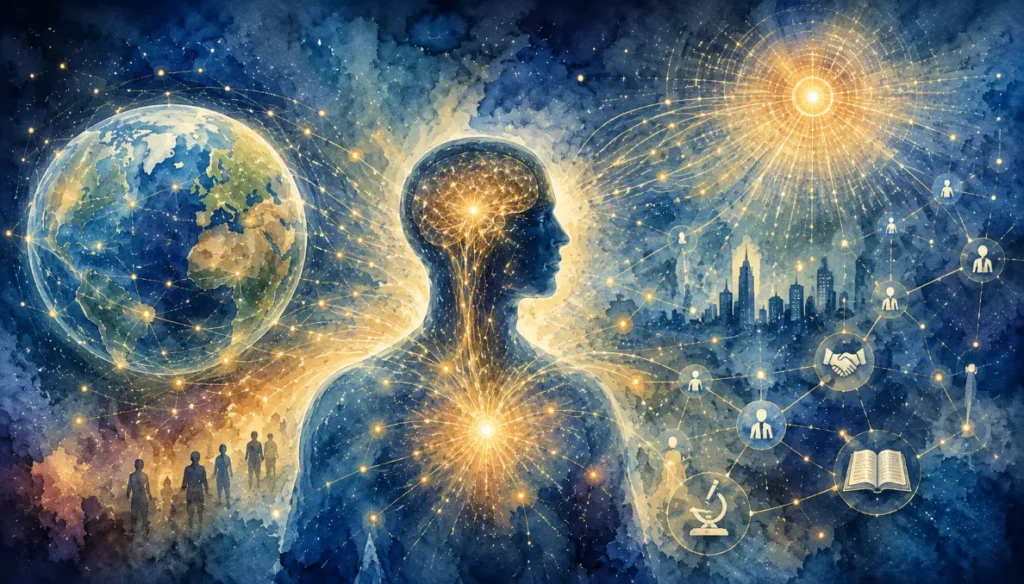 Symbolická ilustrace člověka propojeného se světem, civilizací a sítí vztahů. Vyjadřuje téma článku Člověk a svět kolem něj a úvahu o hodnotách, moci a současné civilizaci.