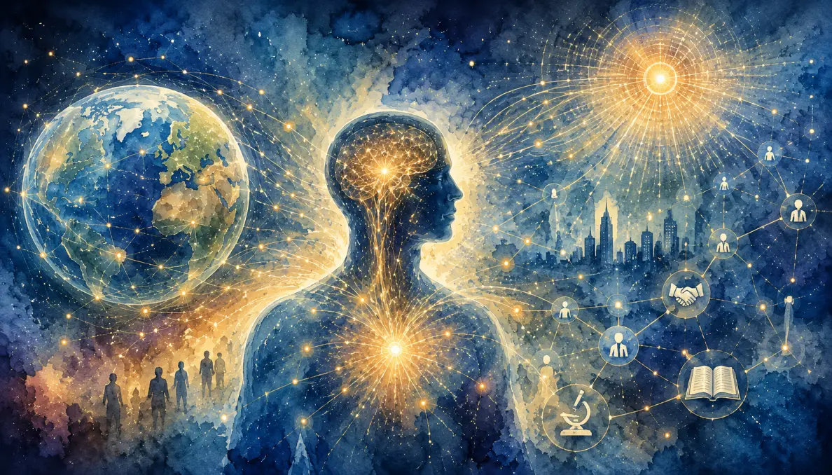 Symbolická ilustrace člověka propojeného se světem, civilizací a sítí vztahů. Vyjadřuje téma článku Člověk a svět kolem něj a úvahu o hodnotách, moci a současné civilizaci.