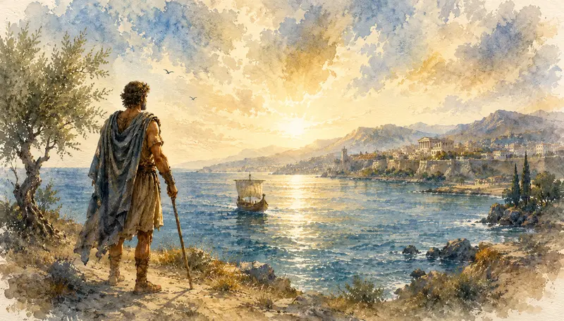 Ilustrace k článku o filmu Odyssea (The Odyssey). Symbolicky zobrazuje Odysseův návrat, prázdné nebe a hledání smyslu po válce.