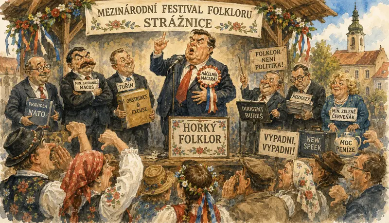Satirická ilustrace politiků na folklorním festivalu jako metafora české politiky, summitu NATO a pískotu ve Strážnici.