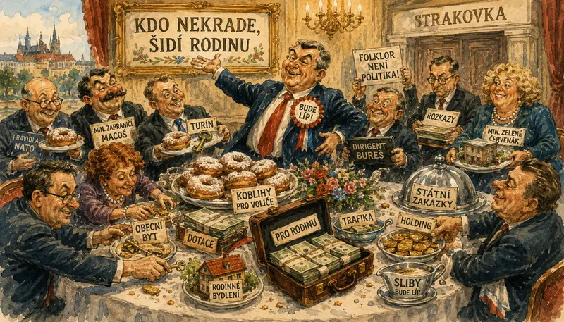 atirická akvarelová ilustrace politické hostiny s koblihami, penězi, obecním bytem a dalšími symboly politické korupce. Ilustrace ke komentáři Kdo nekrade, šidí rodinu.