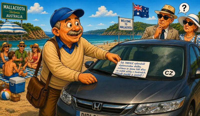 Na australské pláži při humorné příhodě s českým diplomatem. Ilustrace k fejetonu o nostalgických vzpomínkách.