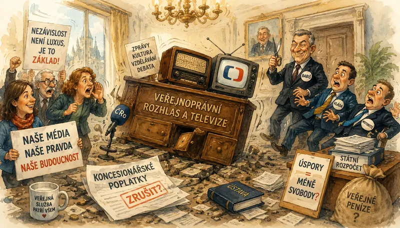 Satirická ilustrace politického zemětřesení kolem koncesionářských poplatků a veřejnoprávních médií v České republice. Symbolicky zobrazuje spor o nezávislost rozhlasu a televize.