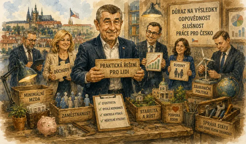 Ilustrace k článku o premiéru Andreji Babišovi a jeho vládě. Symbolicky zobrazuje důraz na výsledky, praktická řešení a řízení státu.