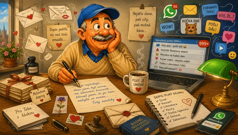 Karikatura Ivana Kolaříka při psaní milostného dopisu u pracovního stolu, obklopeného ručně psanými dopisy, e-maily a digitálními zprávami.