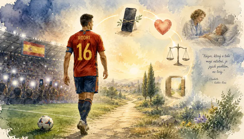 Ilustrace k úvaze o Rodrim zachycuje fotbalistu opouštějícího stadion směrem do klidné krajiny jako symbol skromnosti, vnitřní svobody a osobního charakteru.