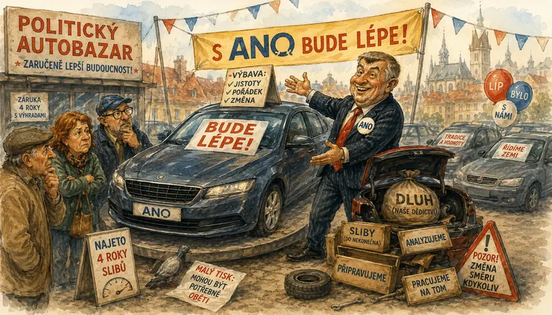 Satirická ilustrace politického autobazaru jako metafory volebních sloganů a politického marketingu hnutí ANO v České republice.