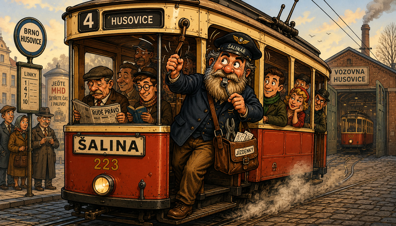 Ilustrace k fejetonu Šalináři zobrazuje průvodčího v historické brněnské tramvaji. Obrázek zachycuje atmosféru brněnské MHD a práci průvodčích v 60. letech.