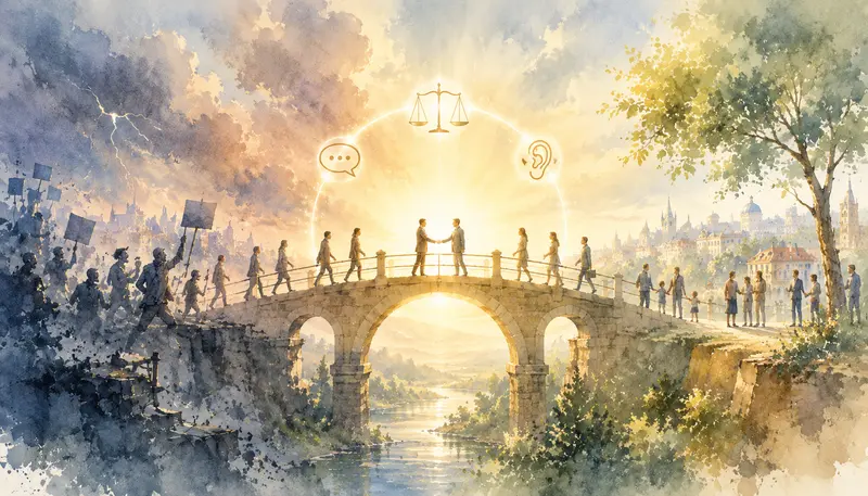 Symbolická ilustrace mostu spojujícího rozdělenou společnost jako metafora slušnosti, dialogu a hledání společného porozumění.