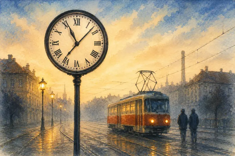 Ilustrace k článku Smíchov 11:07. Zobrazuje nostalgickou městskou scénu s tramvají a výraznými hodinami ukazujícími 11:07 jako symbol pokračující cesty do emigrace.