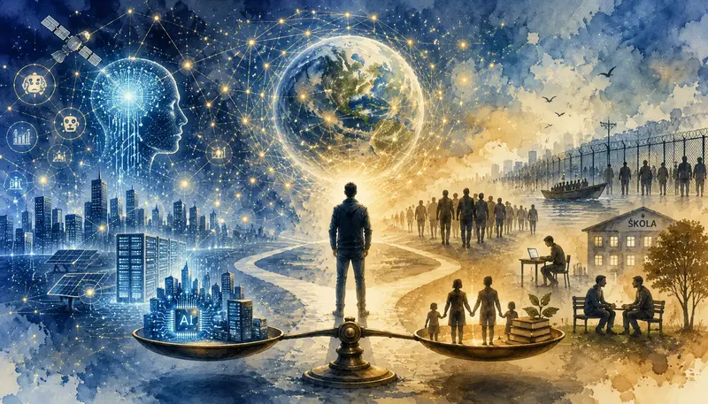 Člověk stojí mezi technologickým světem umělé inteligence a lidskými hodnotami. Akvarelová ilustrace symbolizuje budoucnost civilizace a odpovědnost za technologický pokrok.