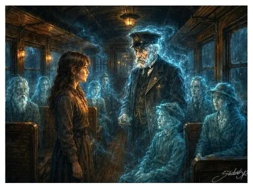 Tajemná ilustrace nočního vlaku Stříbrný expres ze železniční pověsti Miroslava Šestáka. V potemnělém vagonu se objevuje průvodčí a mlčenliví cestující z minulosti.