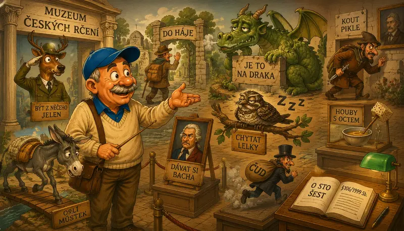 Karikatura Ivana Kolaříka v muzeu českých rčení, kde ožívají známá úsloví a jejich překvapivý původ.